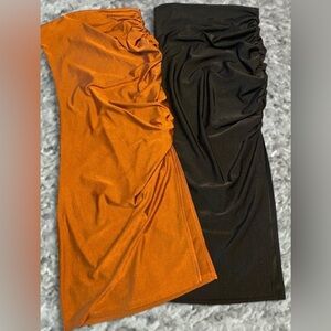 SHEIN Two-Tone Ruched Midi Skirt - Orange & Black